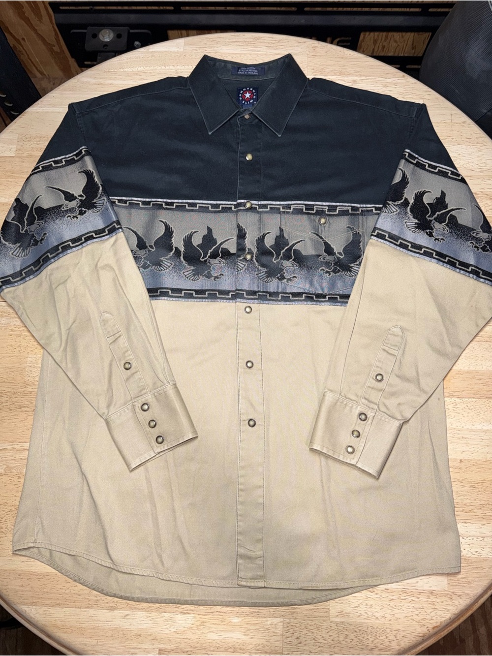 Vintage 90s Panhandle Slim Black Tan Eagle Print Western Pearl Snap Shirt Large